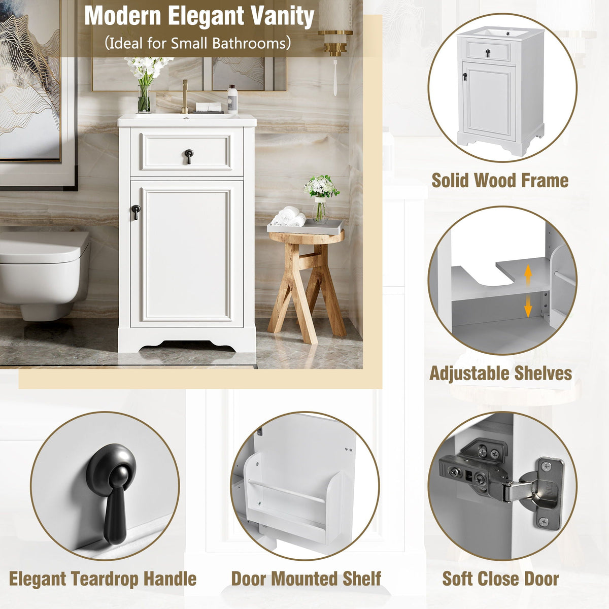 Elegant Bathroom Vanity with Ceramic Sink and Soft-Close Door - Multiple Colors