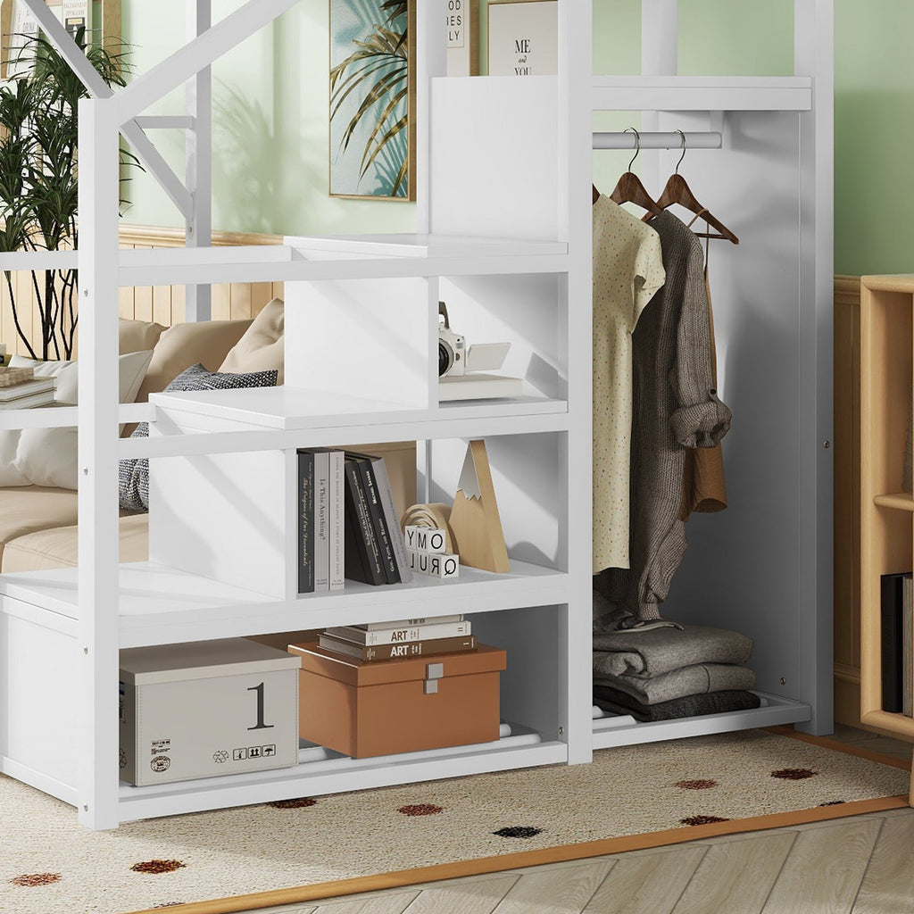 Full Size Loft Bed with Stairs and Storage Shelves - Metal, White