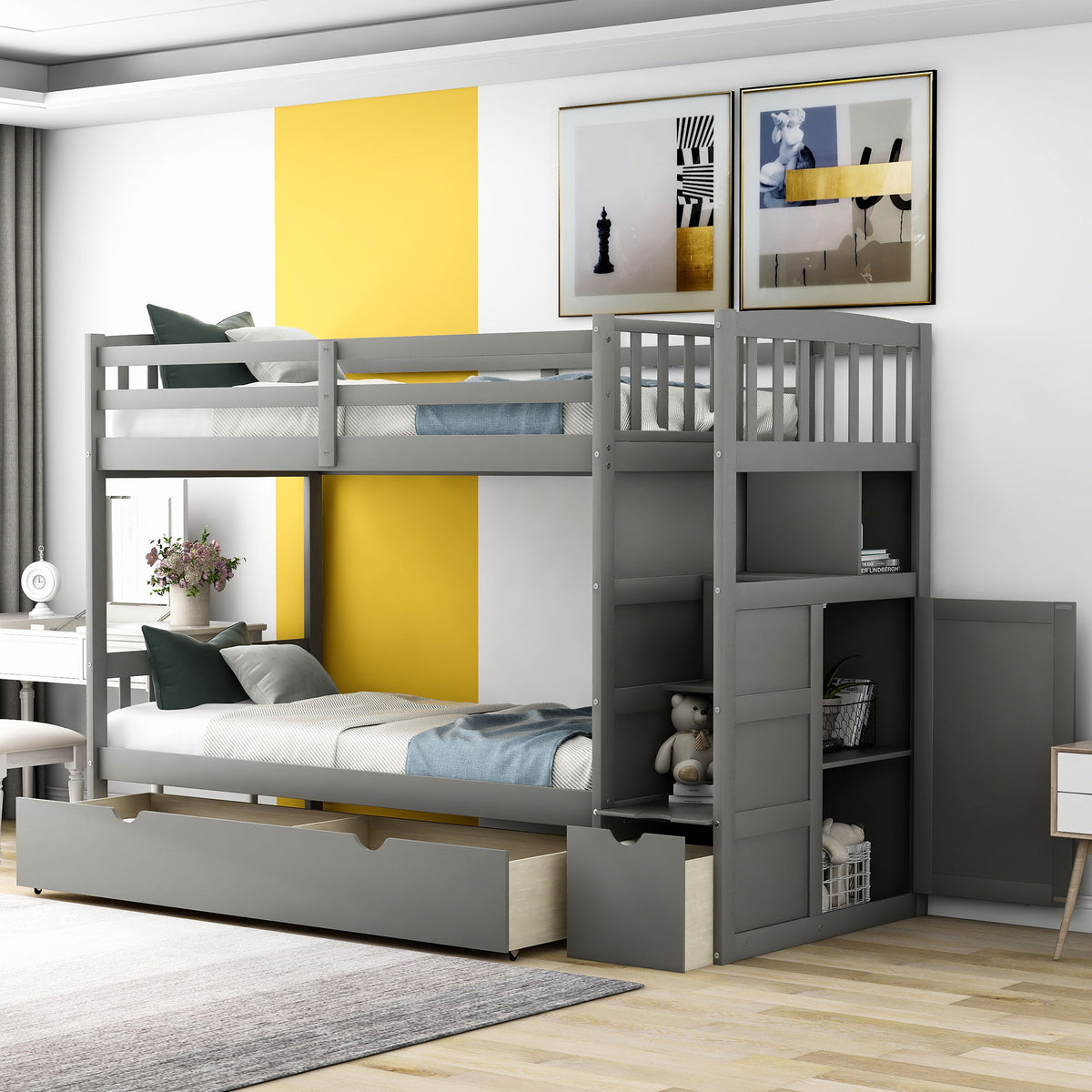Convertible Twin Over Full Bunk Bed with Storage Shelves and Drawers - White or Dark Gray