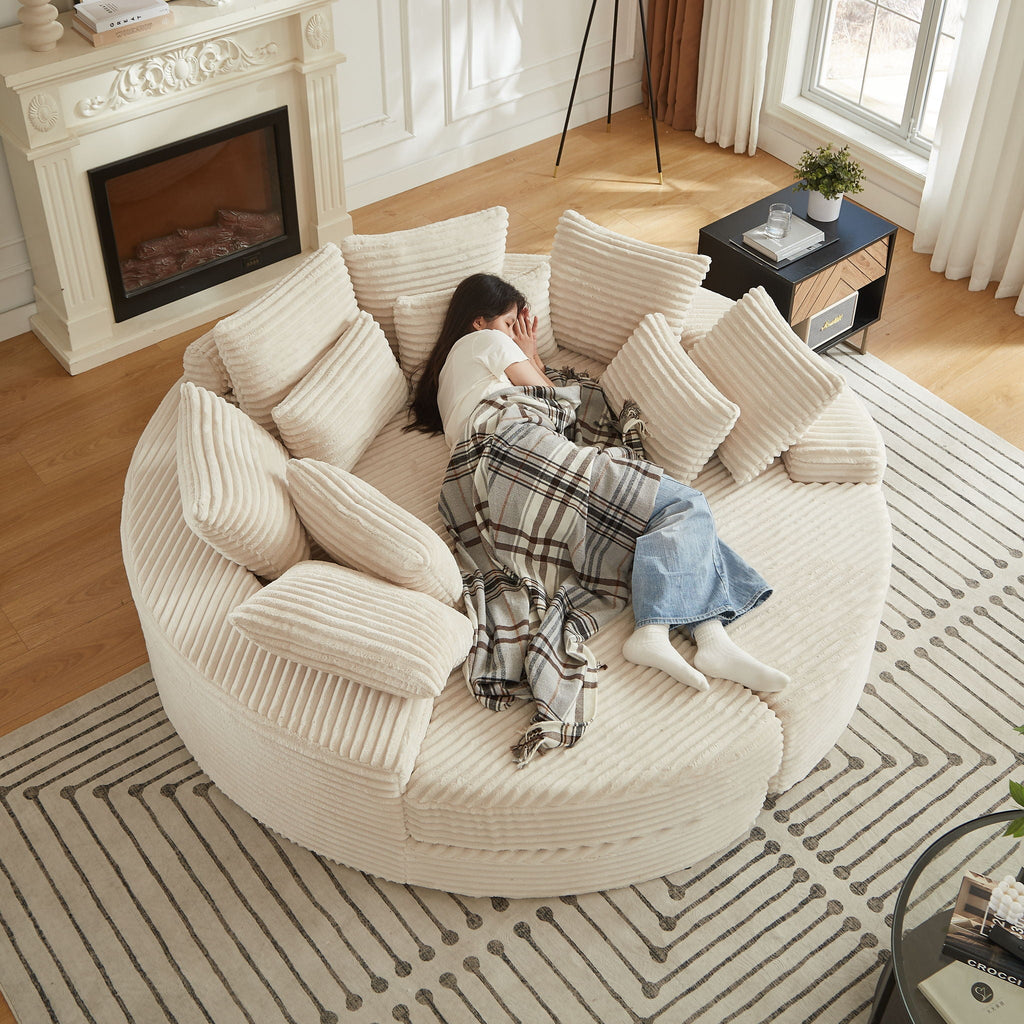 Round Oversized Sofa Bed with 5 Throw Pillows - Corduroy