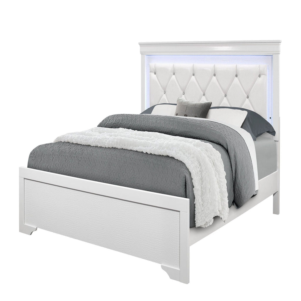 Panel Bed with LED Lighting and Tufted Headboard - White or Dark Gray