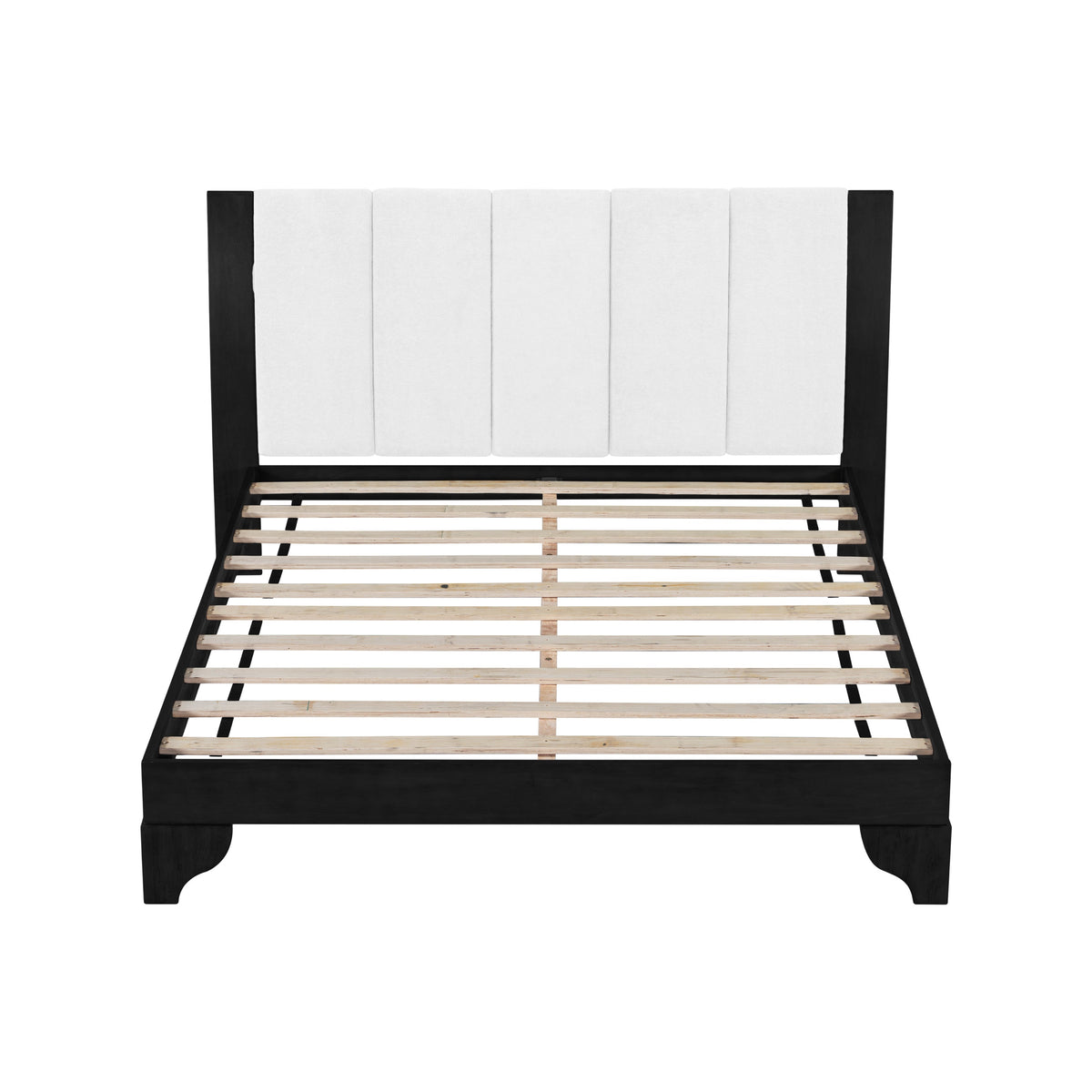 Queen Size Bed Frame with Upholstered Headboard - Black & White Pine