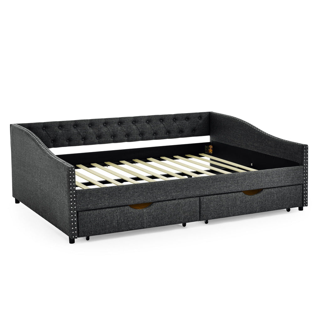 Upholstered Tufted Daybed with 2 Drawers and Waved Arms - Multiple Colors