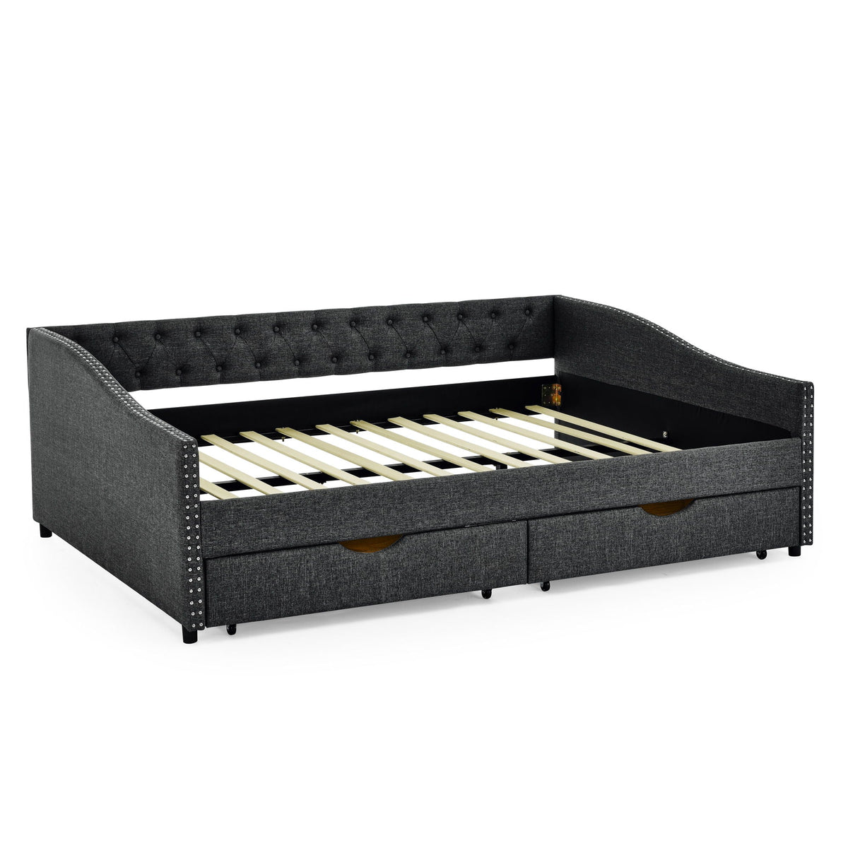 Upholstered Tufted Daybed with 2 Drawers and Waved Arms - Multiple Colors