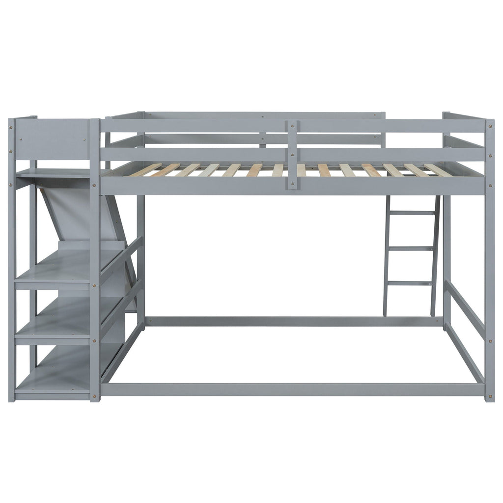 Bunk Bed With Ladder, Slide, and Shelves - Pine Wood, Full Over Full