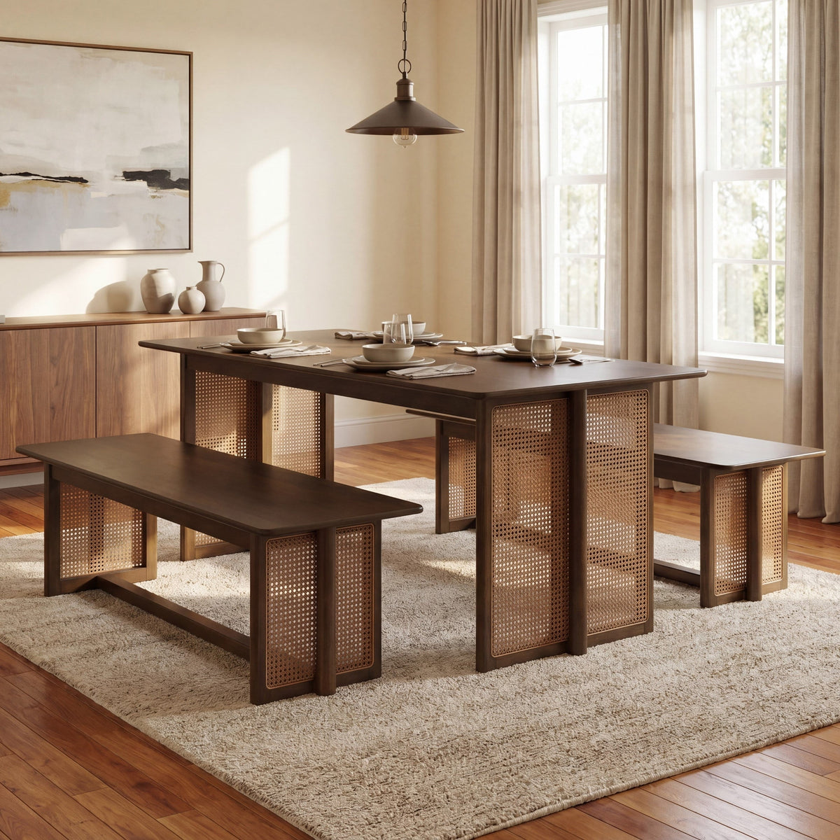 Walnut Rubber Wood Dining Set with Plastic Rattan Accents - Walnut