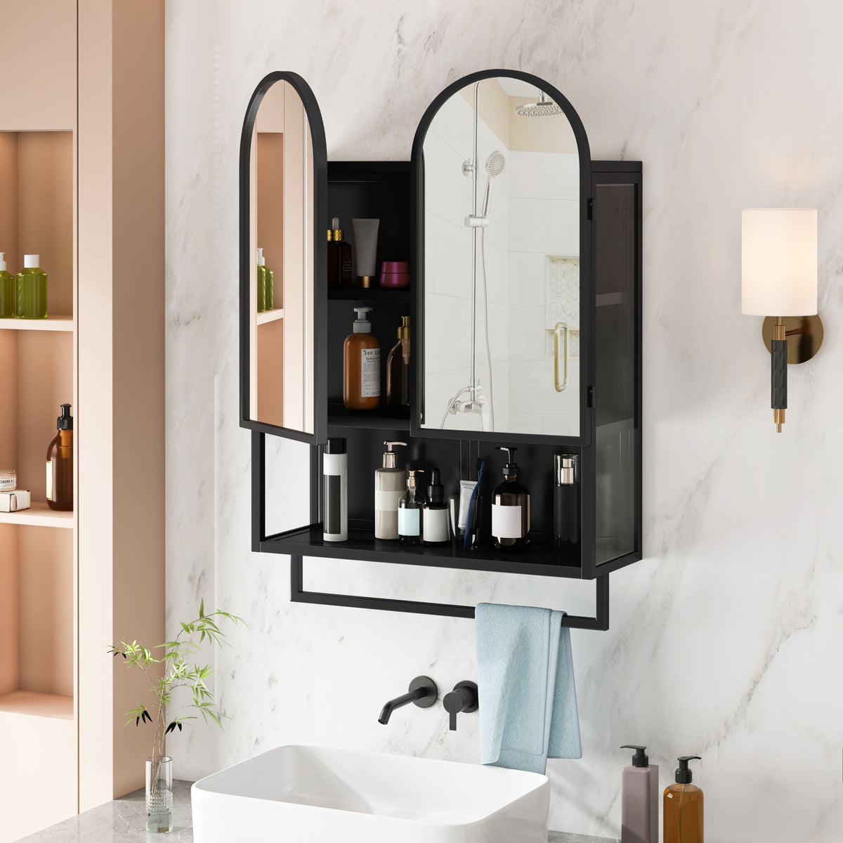 Double Arched Mirror Wall Cabinet with Adjustable Shelves and Towel Rack - Black or White