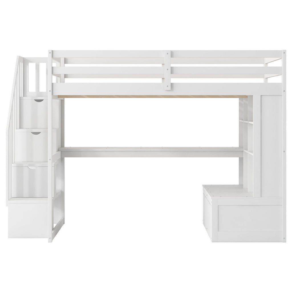 Full Size Loft Bed with Desk, Drawers & Storage Staircase - White
