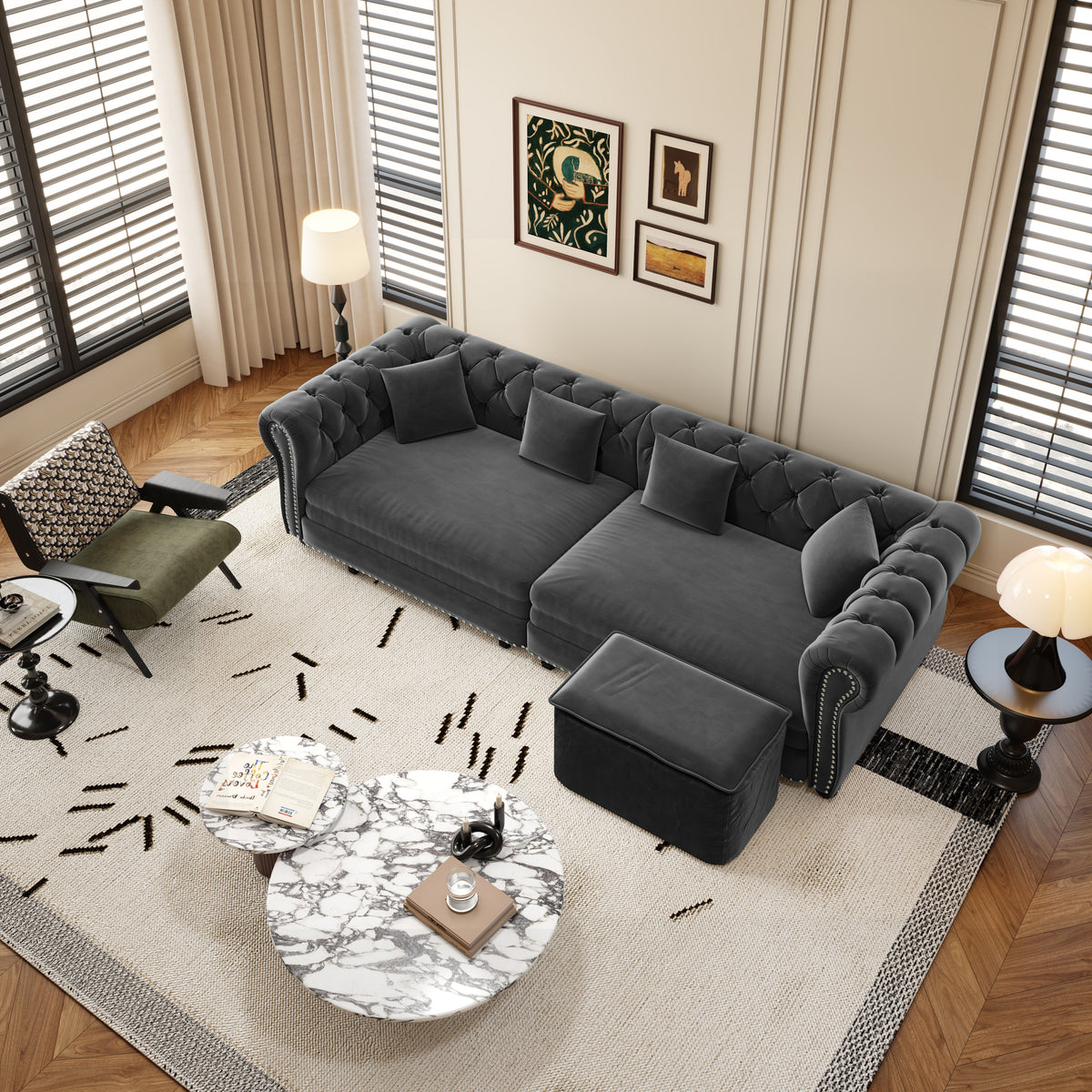 Chesterfield 3-in-1 Convertible Velvet Sofa Bed with Pull-Out Sleeper - Grey