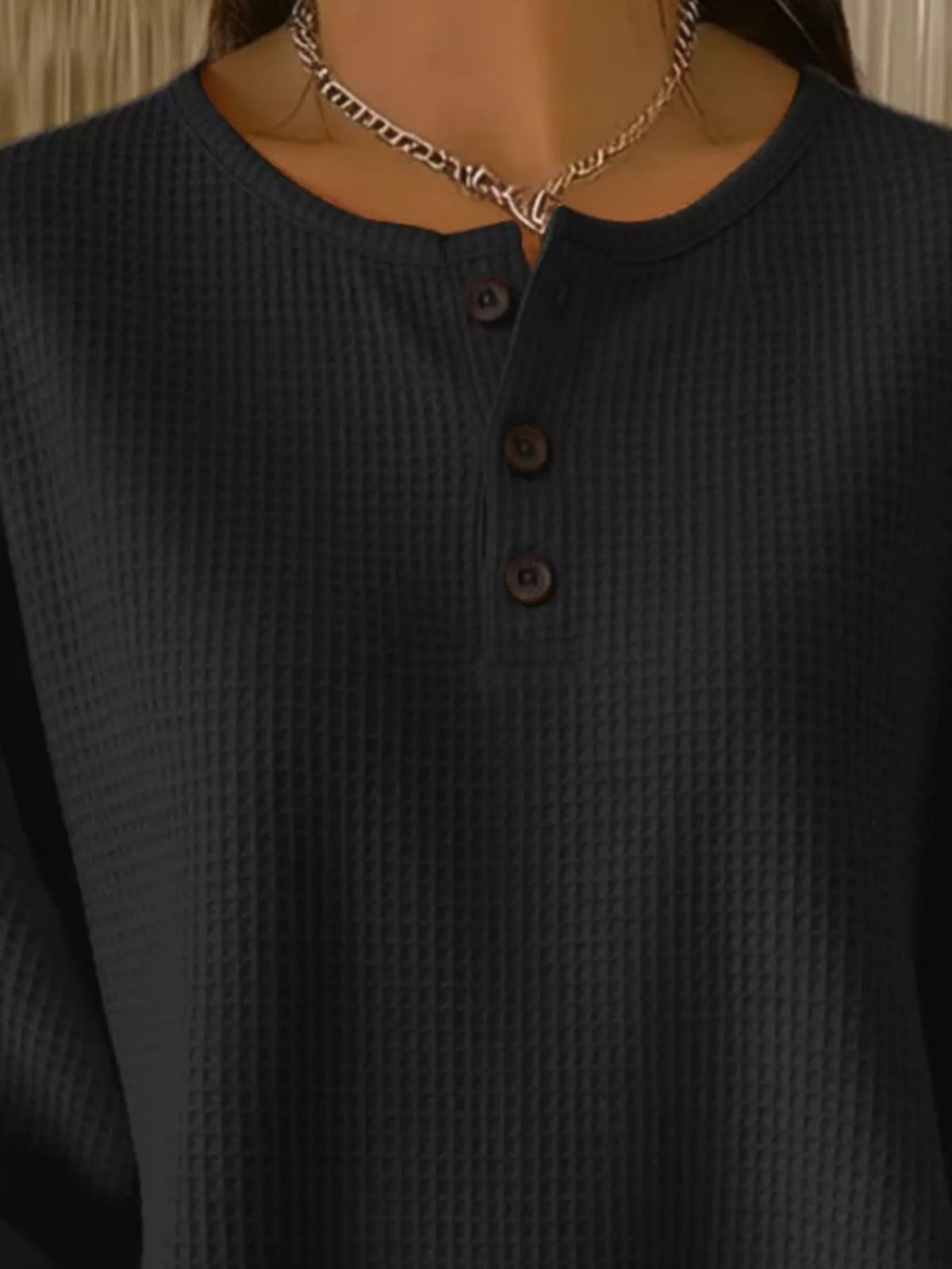 Full Size Casual Waffle Knit Button Detail Pullover Plus Size