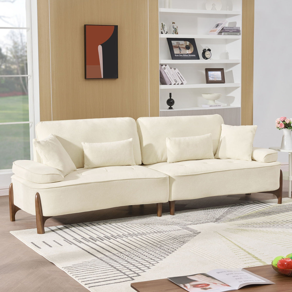 Deep Seated Fabric Stationary Sofa with Plush Pillows - Beige, Green, or Red
