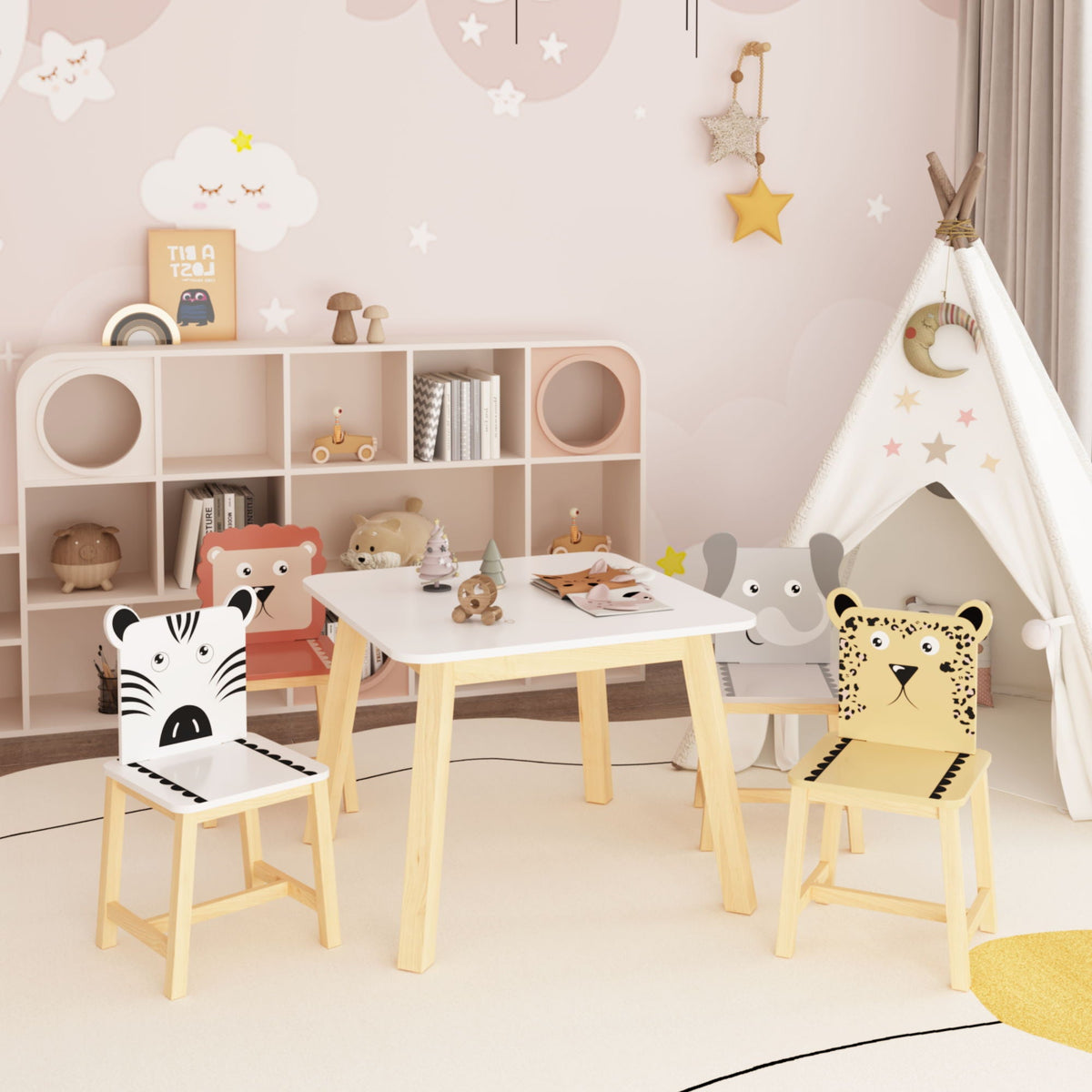 Kids Table and Chair Set with Cartoon Animals Design - White