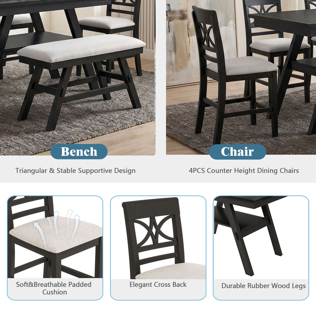 6 Piece Counter Height Dining Table Set with Storage Shelf - Espresso Wood