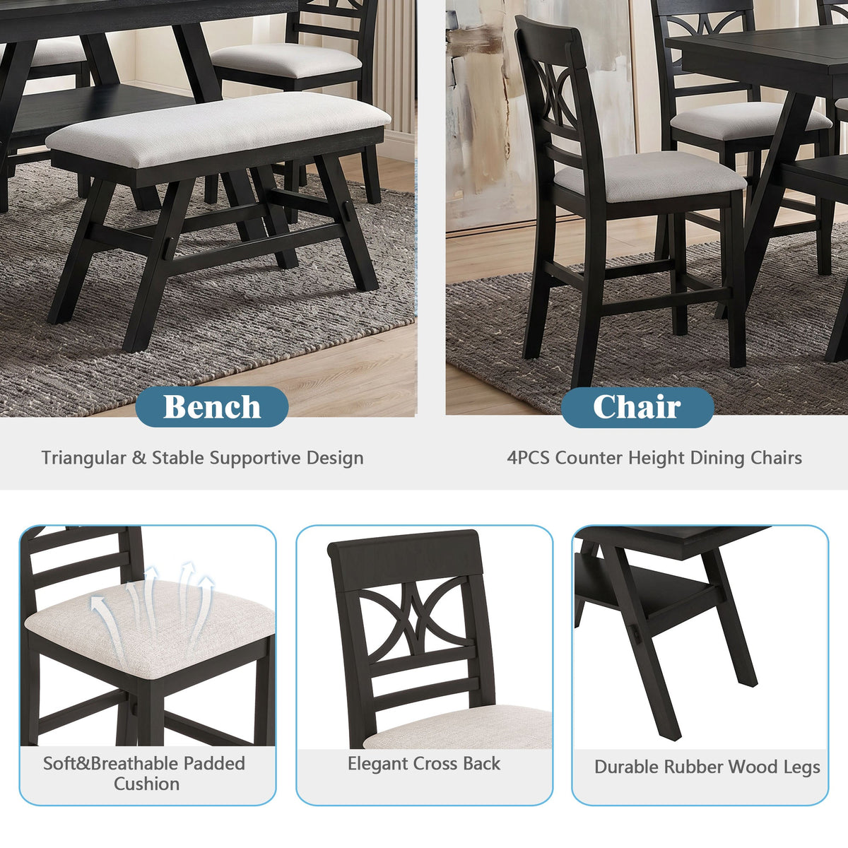 6 Piece Counter Height Dining Table Set with Storage Shelf - Espresso Wood