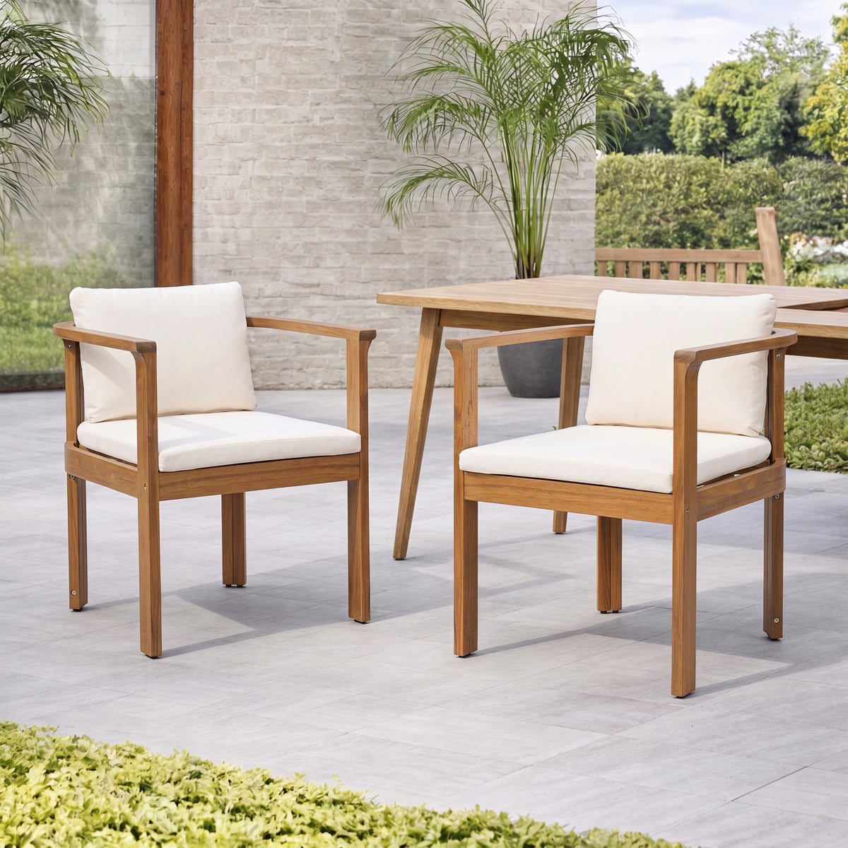Outdoor Dining Chair Set of 2 with Curved Acacia Wood Arms - Teak Finish