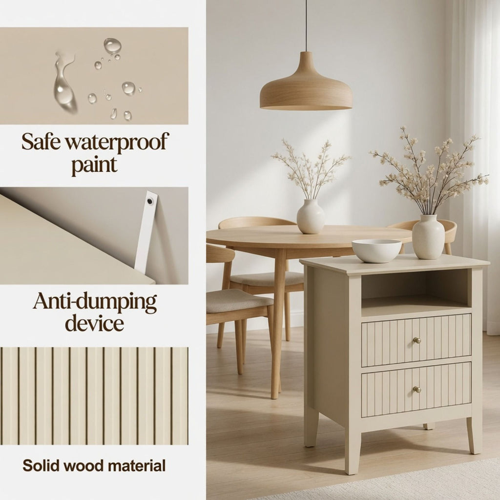 Fluted Nightstand with 2 Drawers and Soft-Close Slides - Multiple Colors