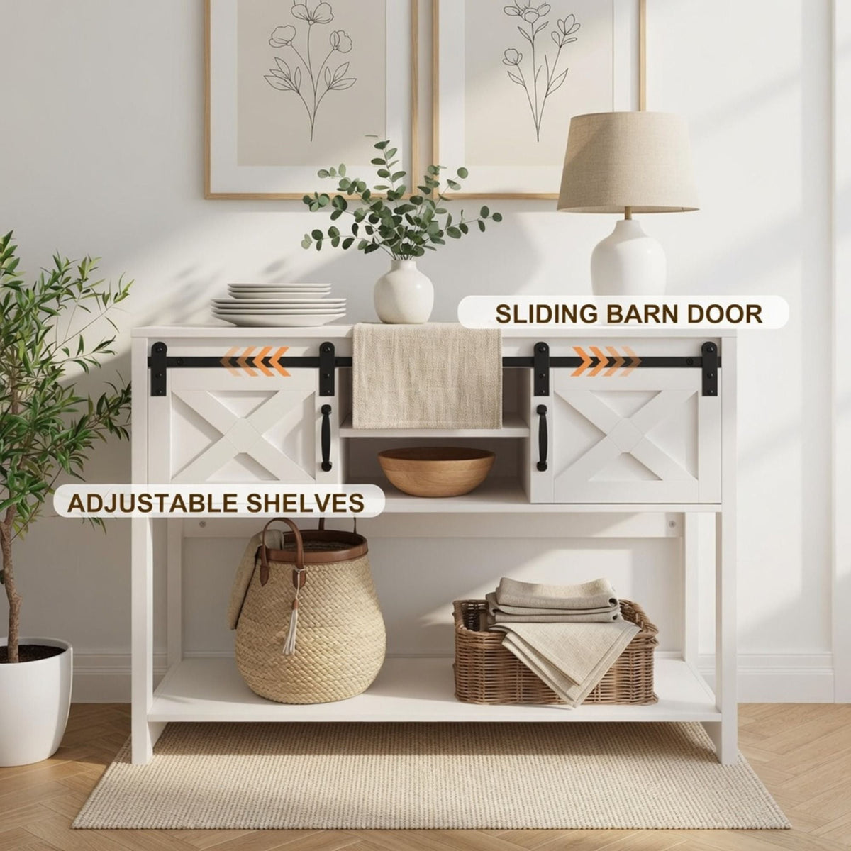 Farmhouse Entryway Table with Sliding Barn Door - Gray, Dark Gray, White, Black
