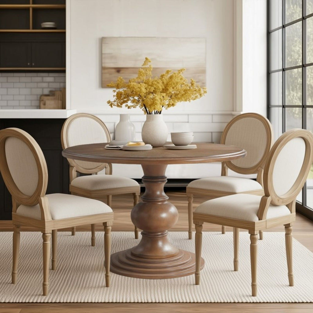 Walnut Round Pedestal Dining Table with Diamond Veneer Top