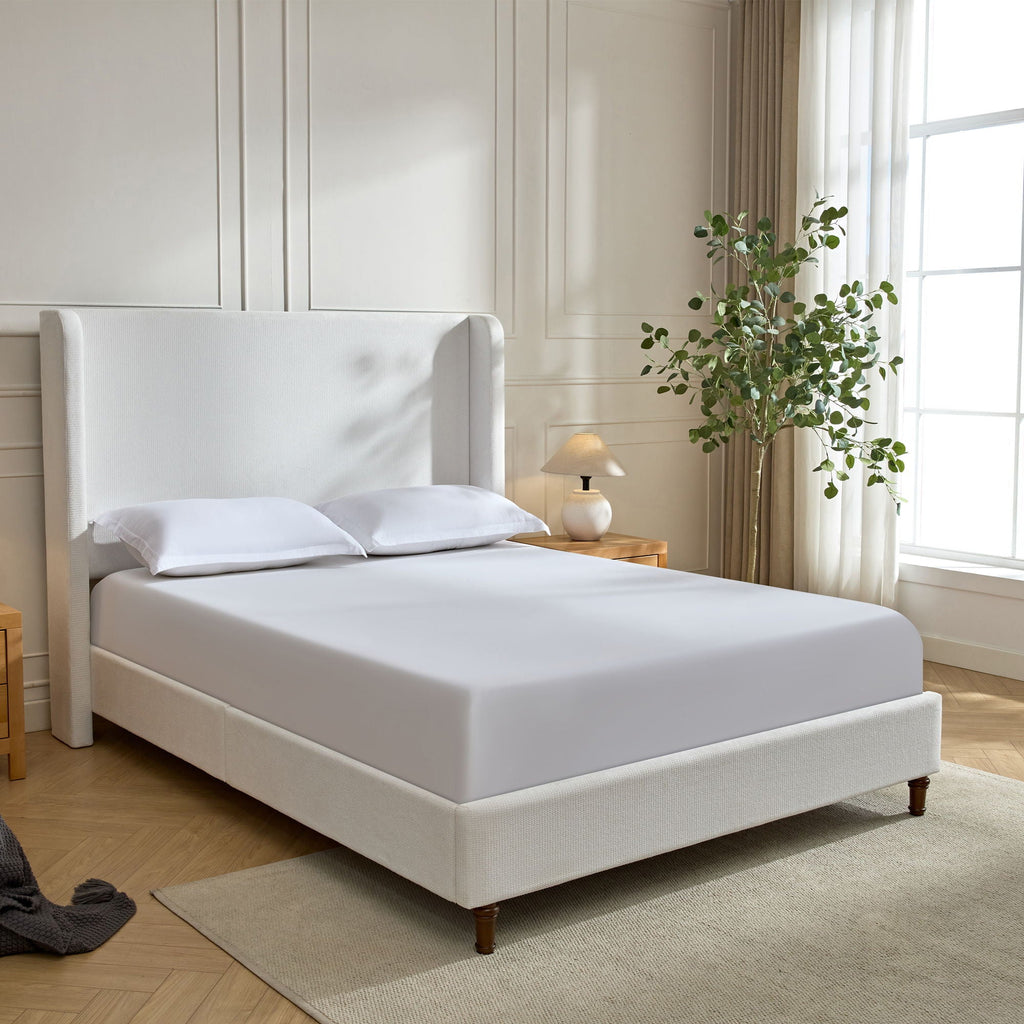 Tall Headboard Upholstered Bed with No Box Spring Needed - Cream