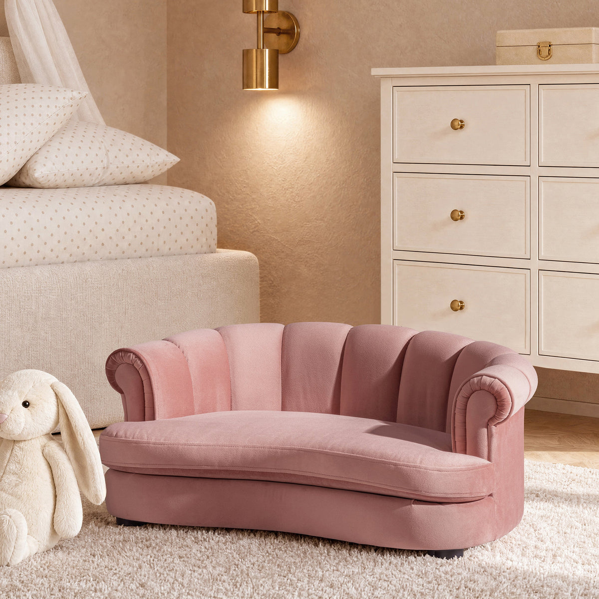 Rolled-Arm Dog Bed with Channel-Tufted Back - Ash Rose