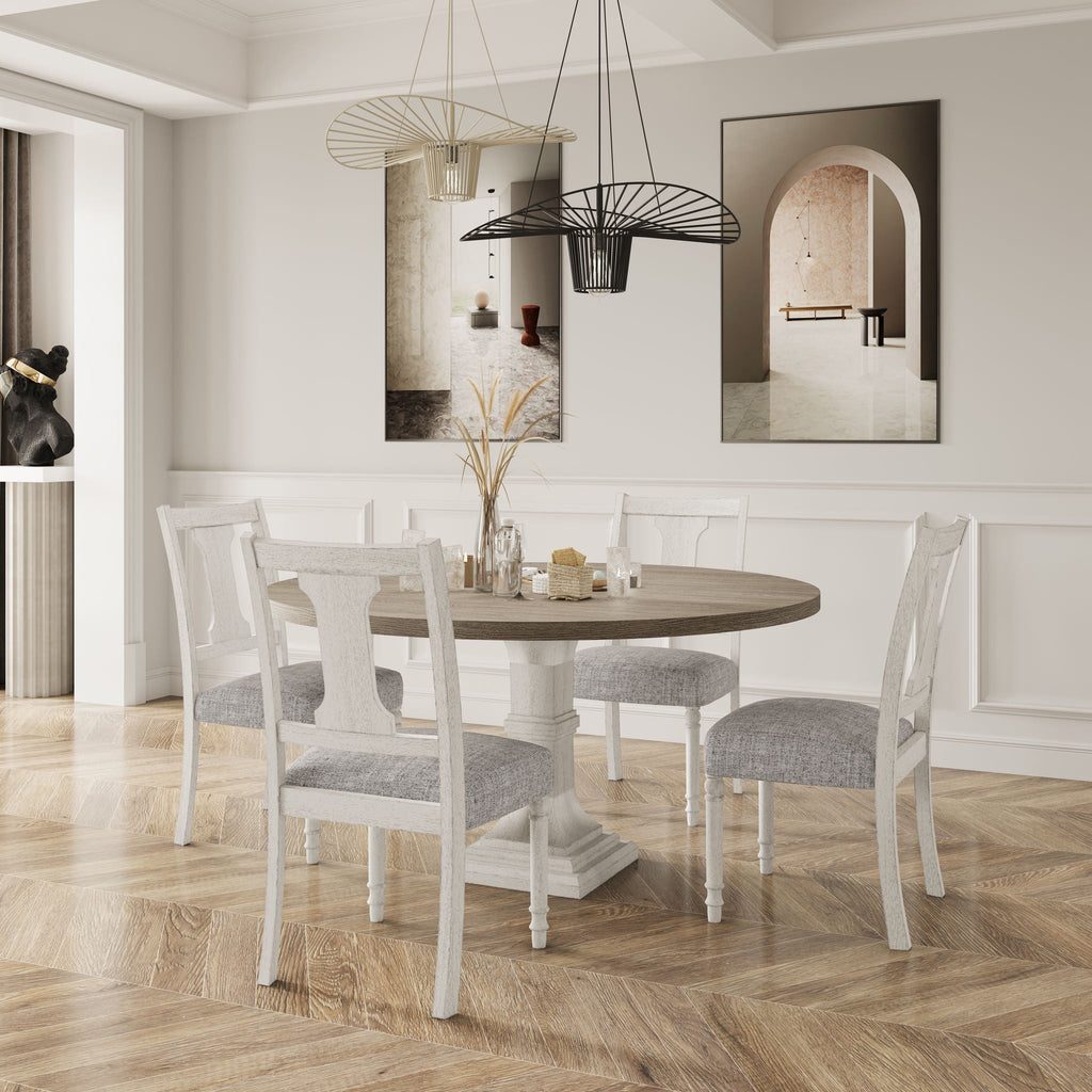 Round 5 Piece Dining Table Set with Pedestal Base - White And Gray