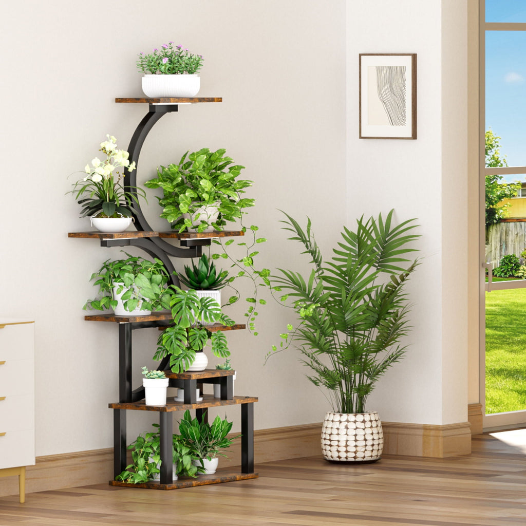 8 Tier Indoor Plant Stand With 5 Grow Lights - Rustic Brown