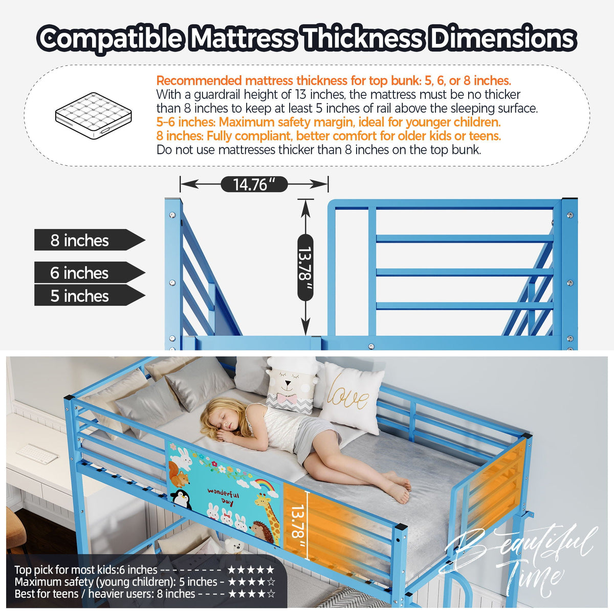 Blue Convertible Twin Bunk Bed with Full Length Guardrail & Ladder