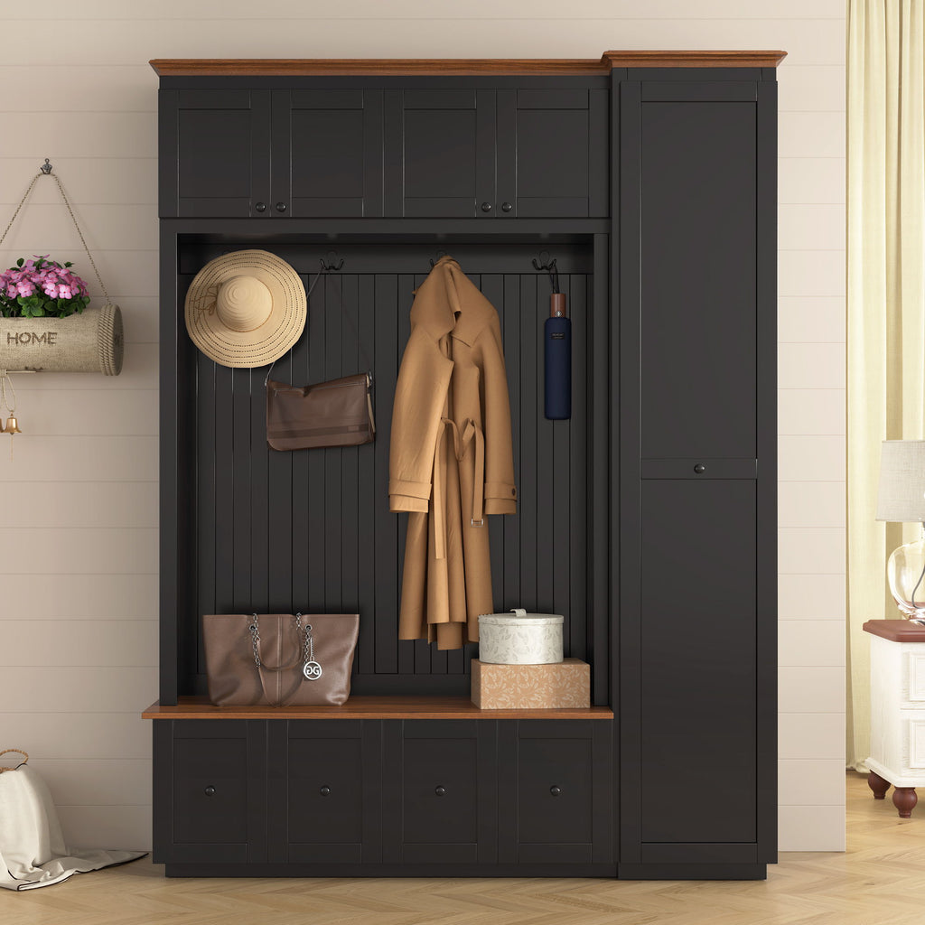 Entryway Hall Tree with Storage Bench and Cabinets – Black or White