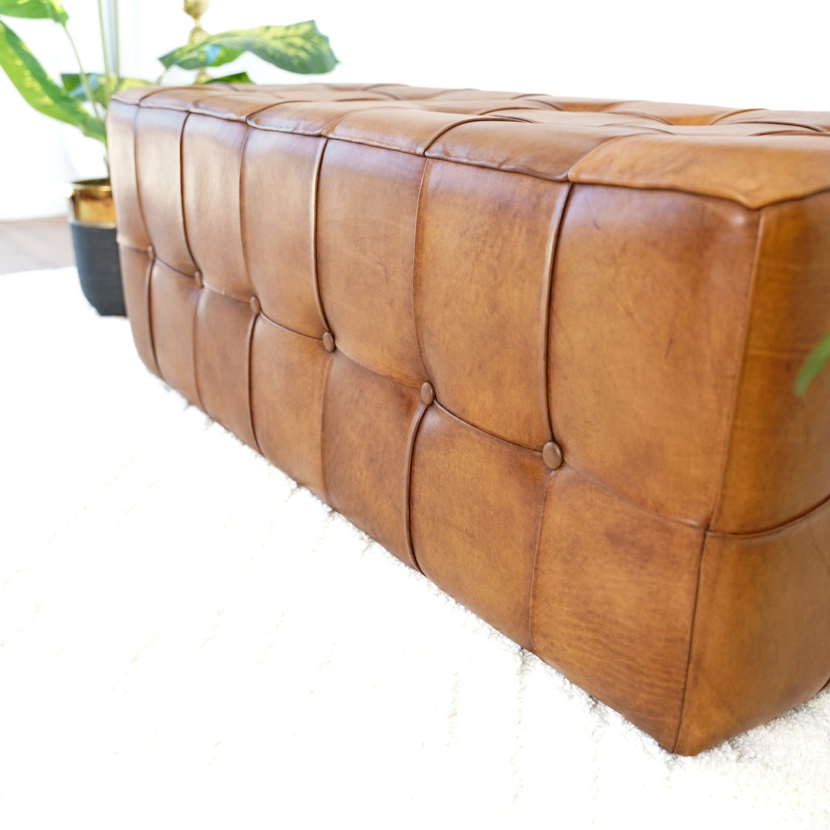Tan Upholstered Bench with Solid Wood Frame - Genuine Leather
