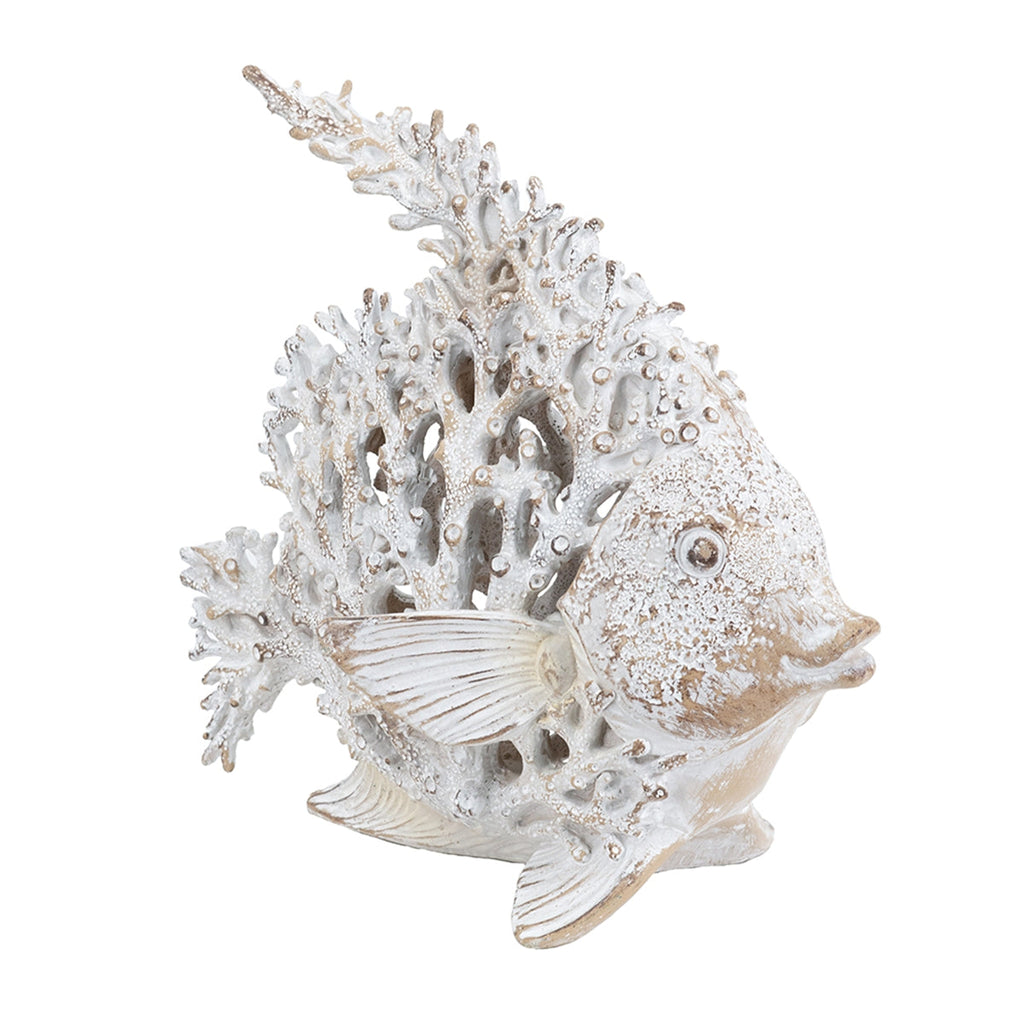 Decorative Polyresin Angelfish Sculpture with Coral Texture - White