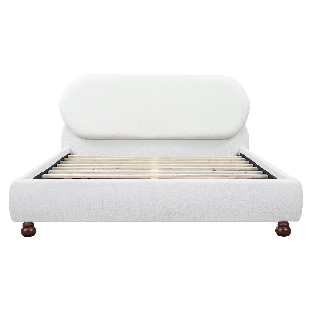 Cream Boucle Upholstered Queen Bed with Rubber Wood Foot
