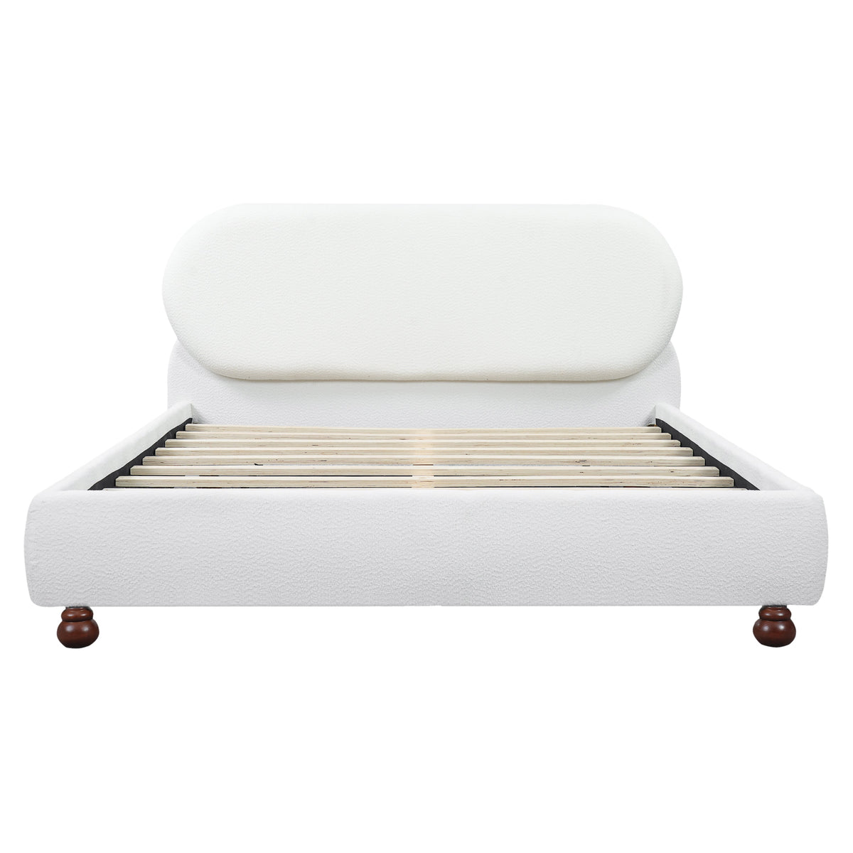 Cream Boucle Upholstered Queen Bed with Rubber Wood Foot