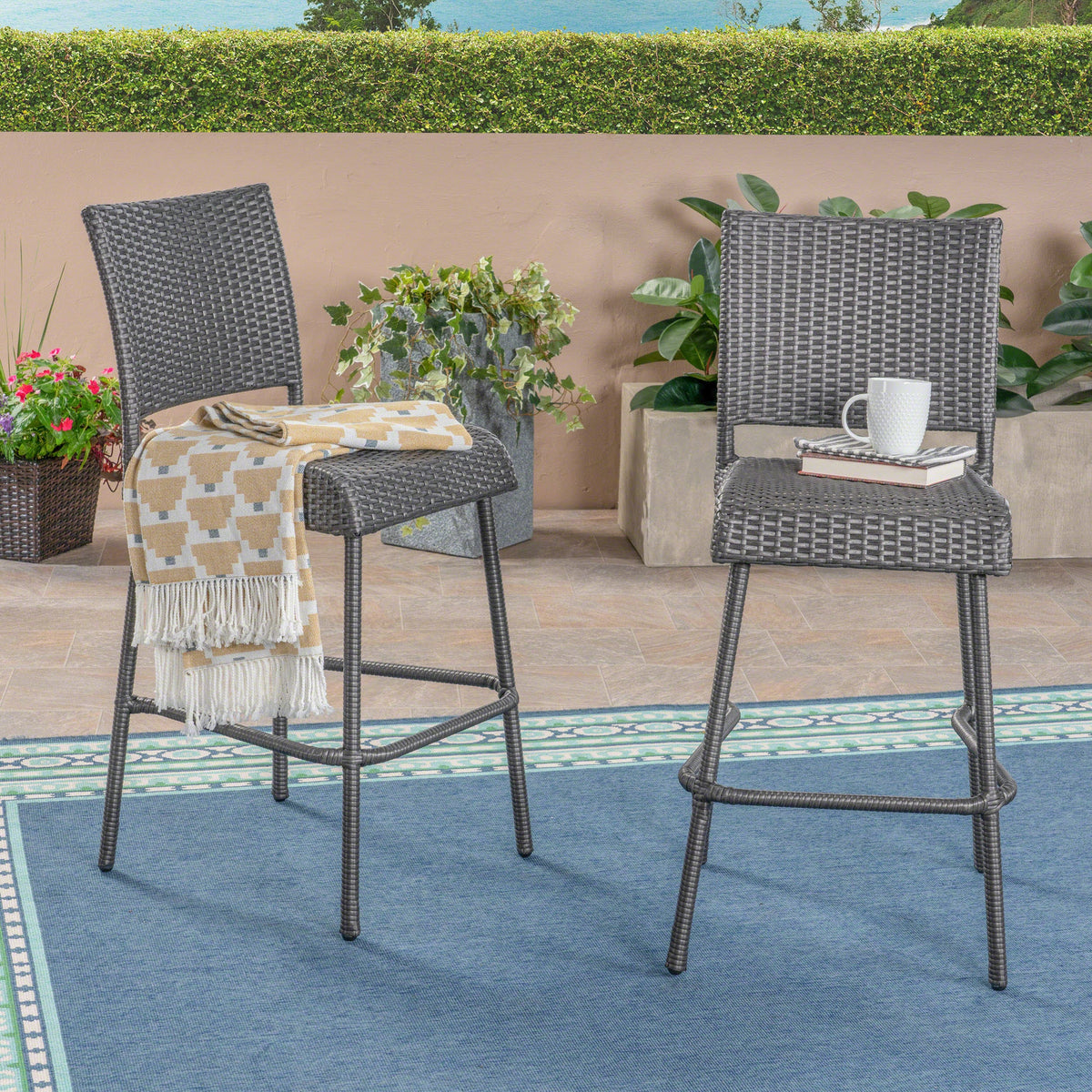 29" Outdoors PE Rattan Armless Barstools with Woven Finish - Grey