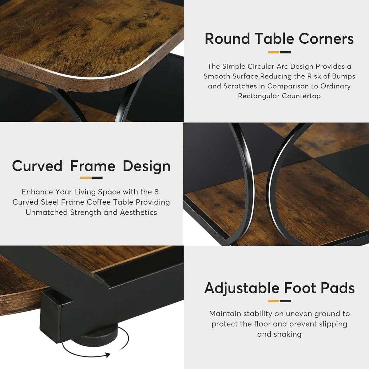 Square Coffee Table with Storage Shelf, 2 Tier - Brown / Black