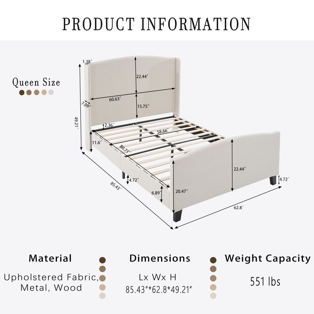 Platform Bed Frame with Tall Headboard and High Footboard - White or Gray