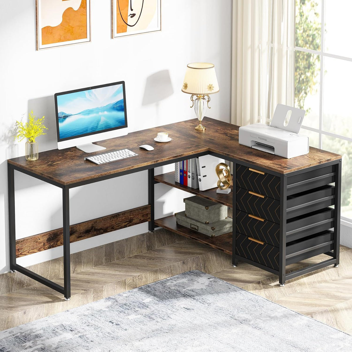 L-Shaped Computer Desk with Drawers and Shelves - Black or Dark Brown