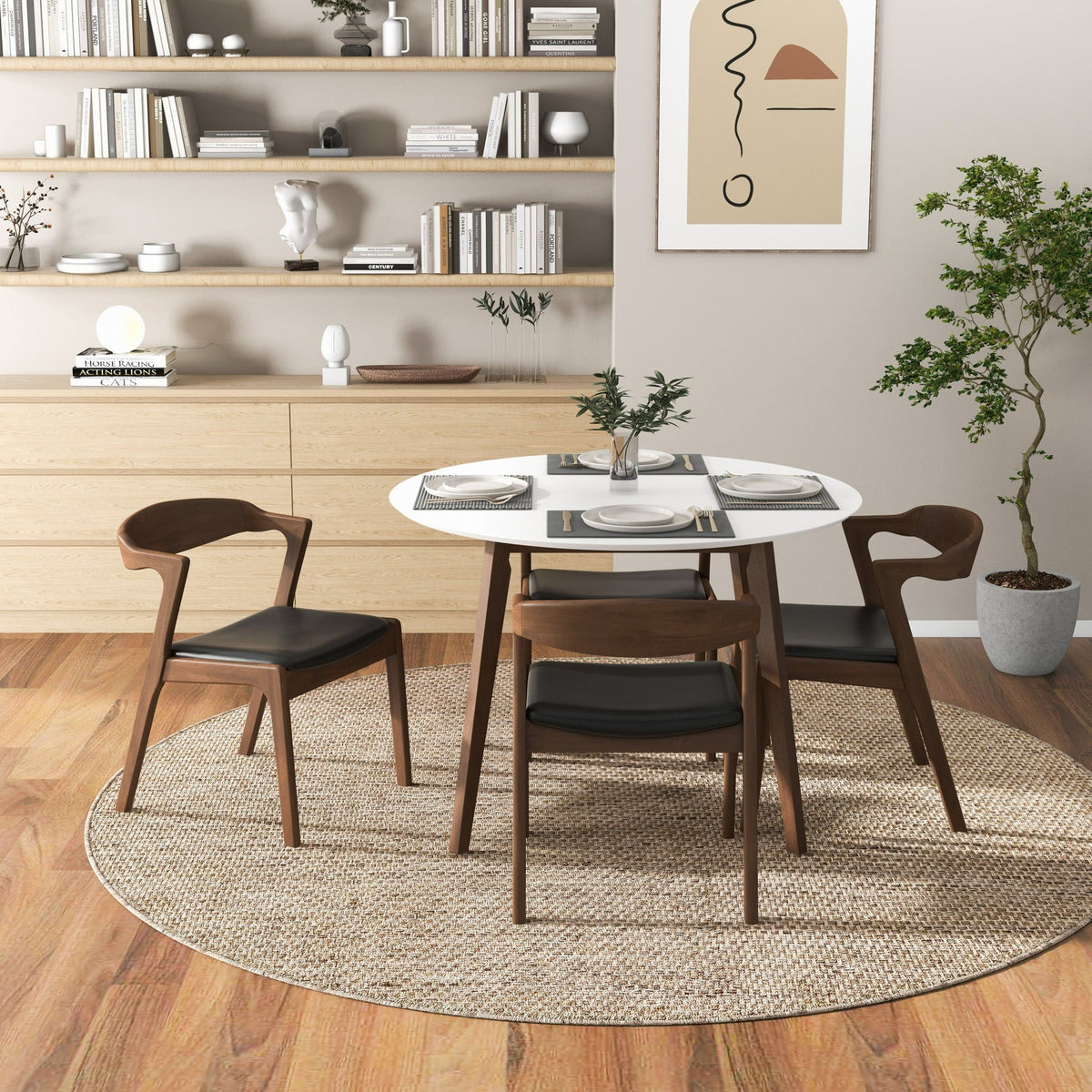 White 5 Piece Dining Table Set with Solid Wood Base - Alina