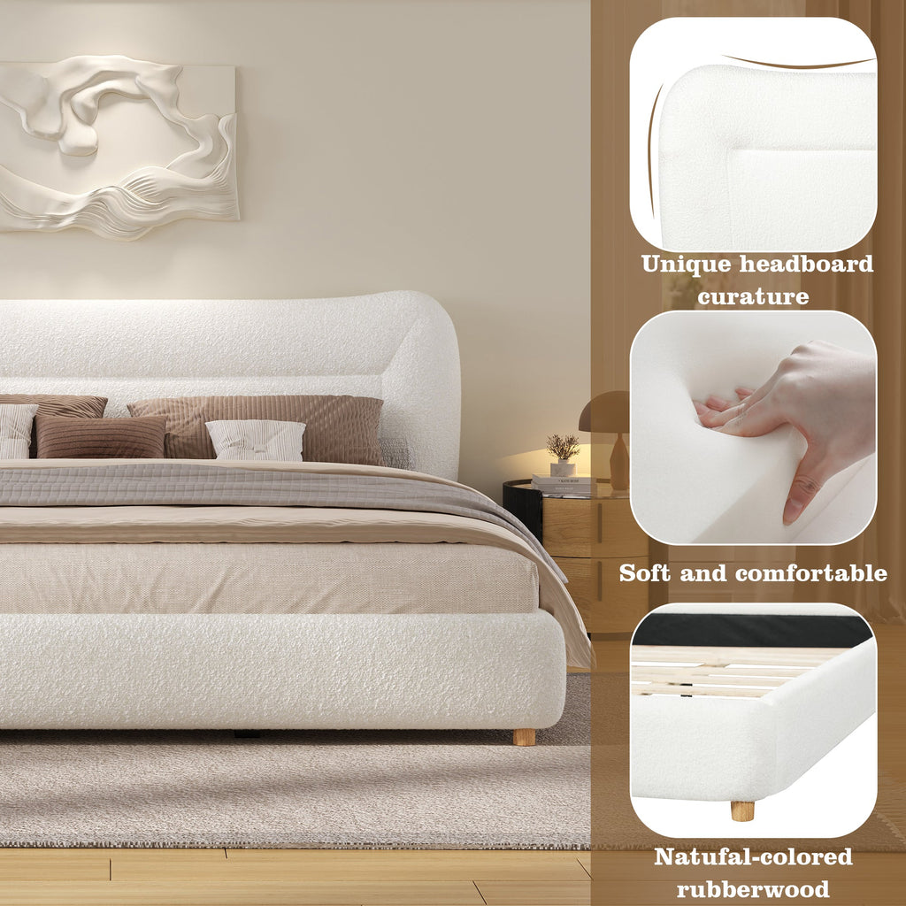 Minimalist Curved Headboard Bed with Teddy Fleece - King