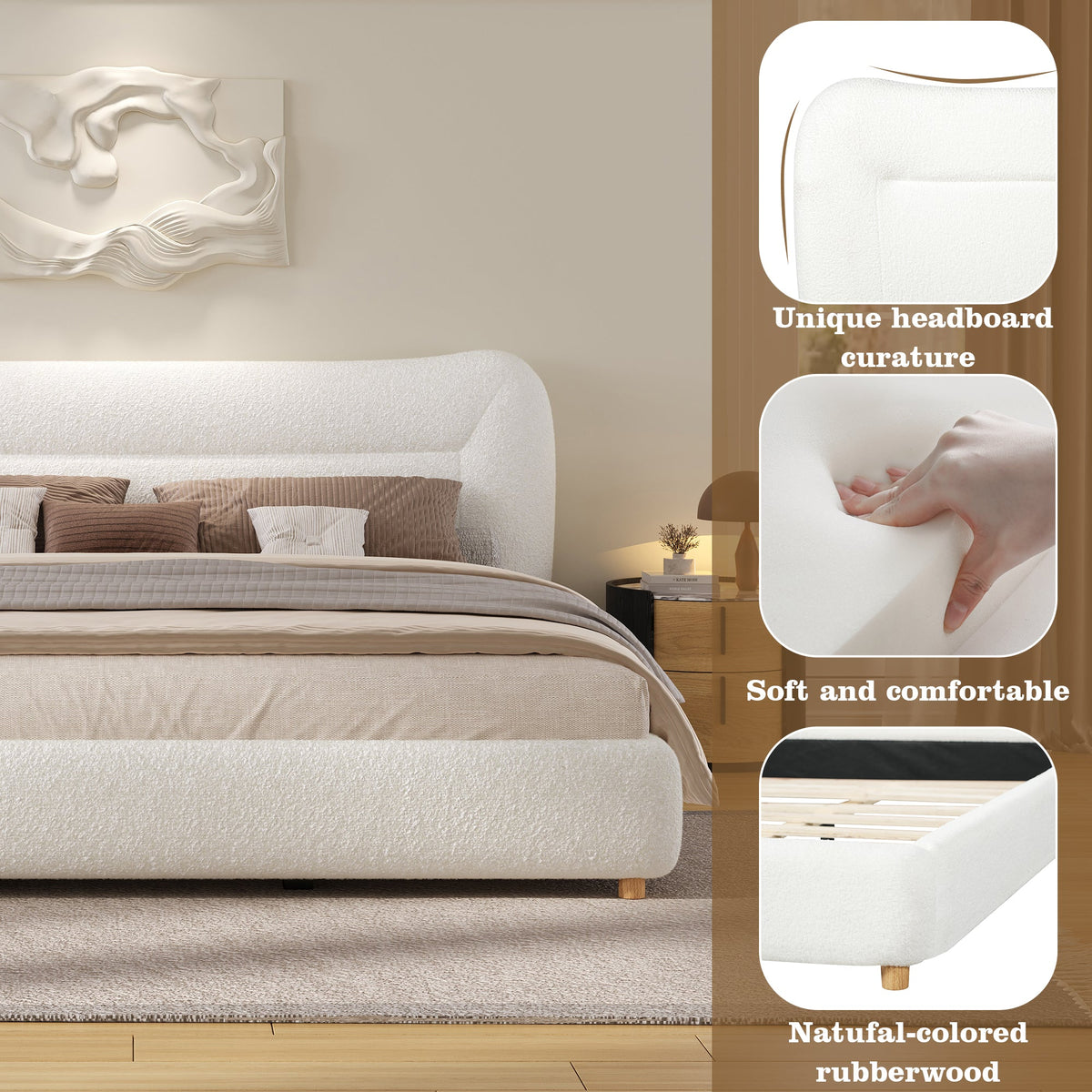 Minimalist Curved Headboard Bed with Teddy Fleece - King