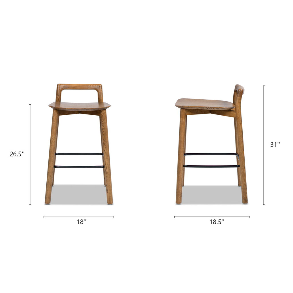 Modern Minimalist Low Back Counter Stool with Ash Wood Construction - Dark Brown Walnut