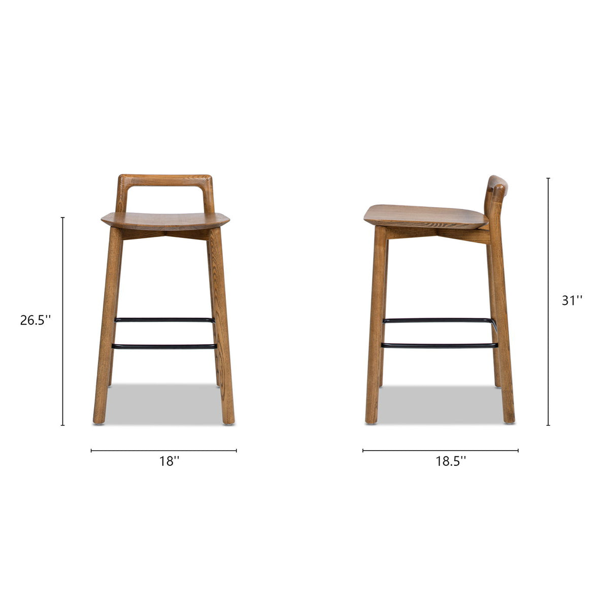 Modern Minimalist Low Back Counter Stool with Ash Wood Construction - Dark Brown Walnut