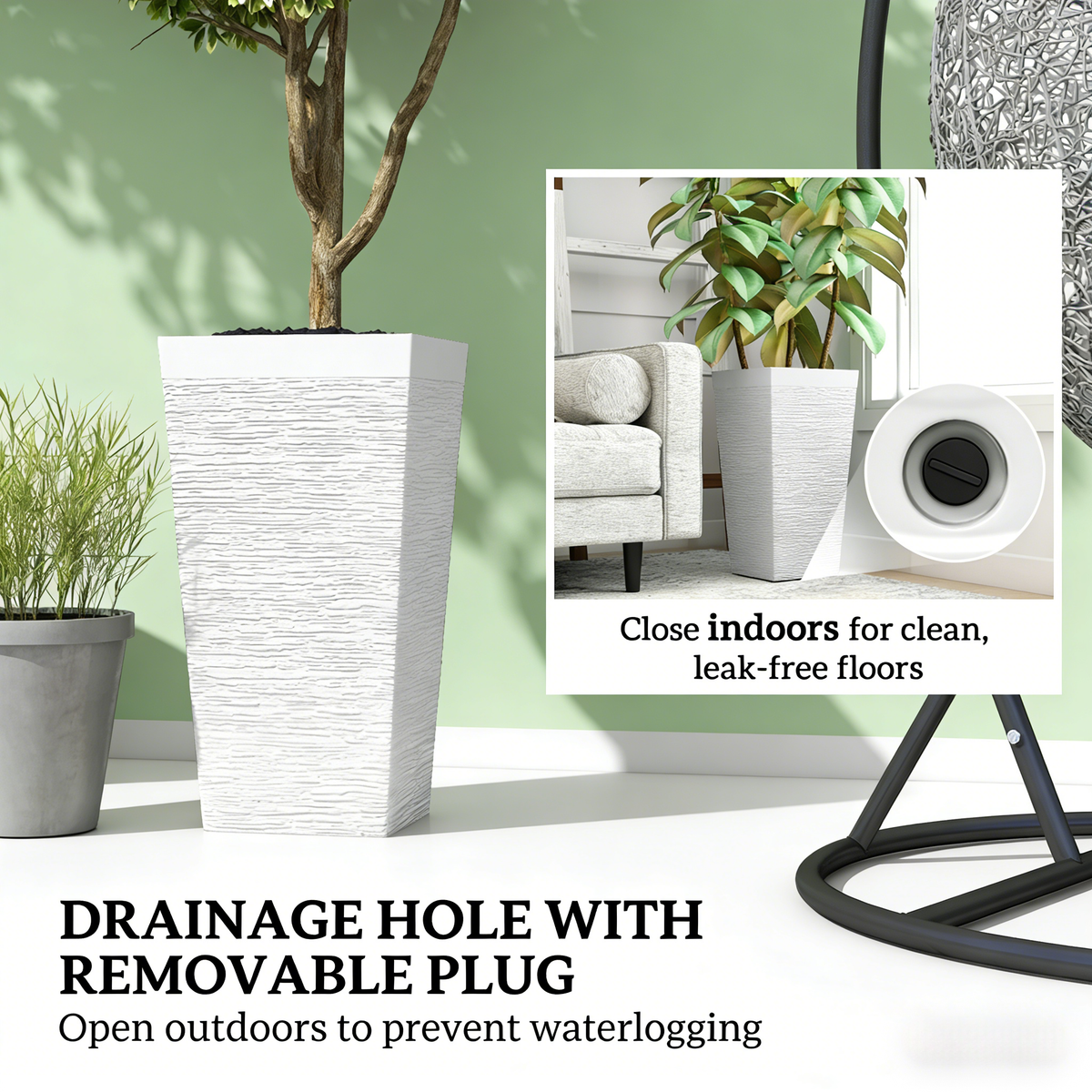 Stackable Tapered Planters Set of 3 with Wheels and Drainage - White Stone Look