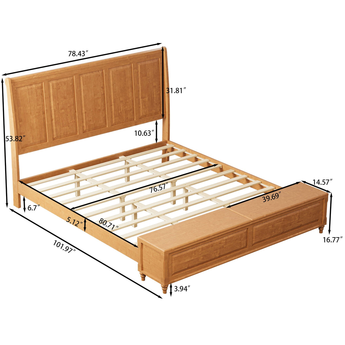 Sleigh Bed Frame with Tall Headboard and Storage Bench - Dark or Light Brown