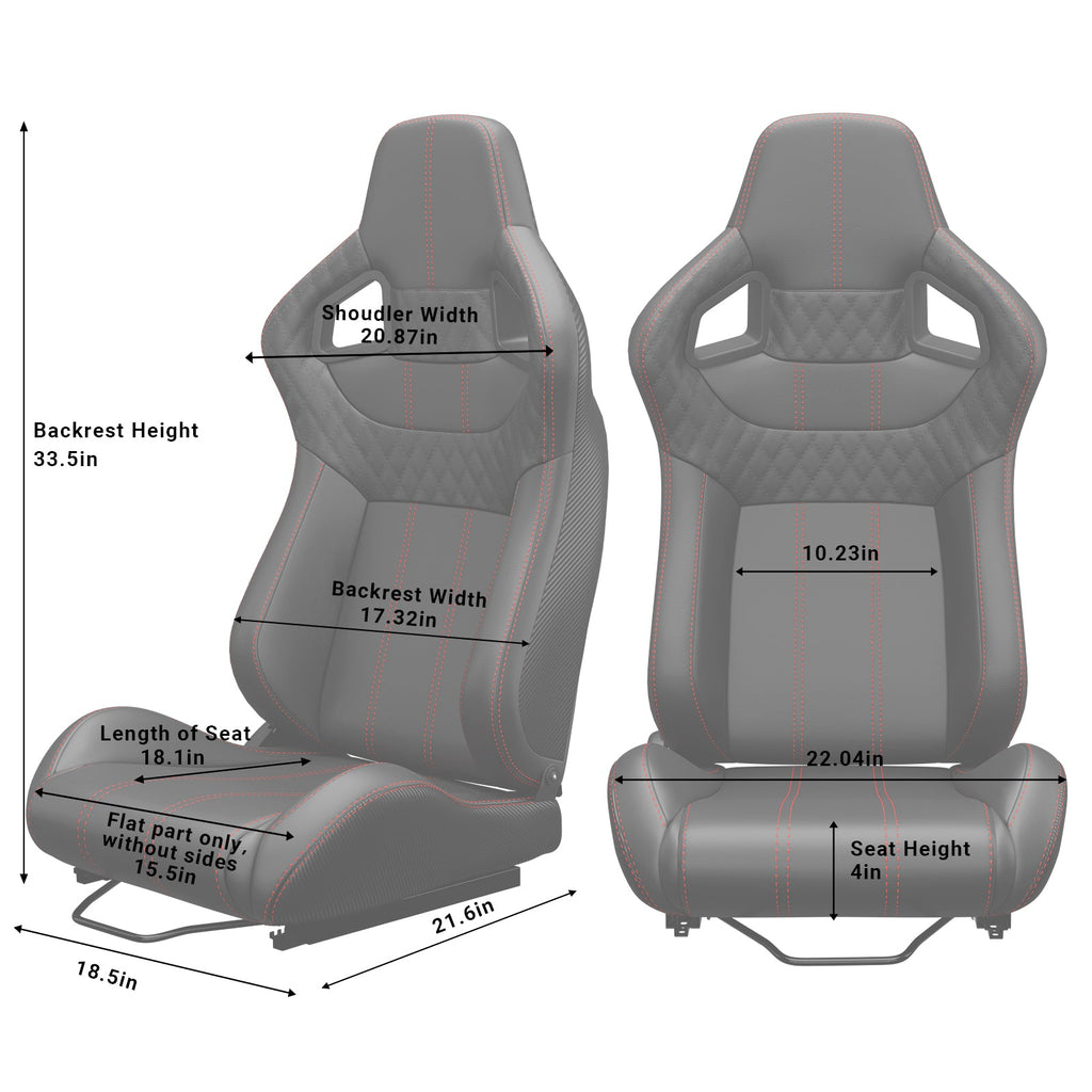 2PC Universal Bucket Racing Seats with Ergonomic Support - PVC Black