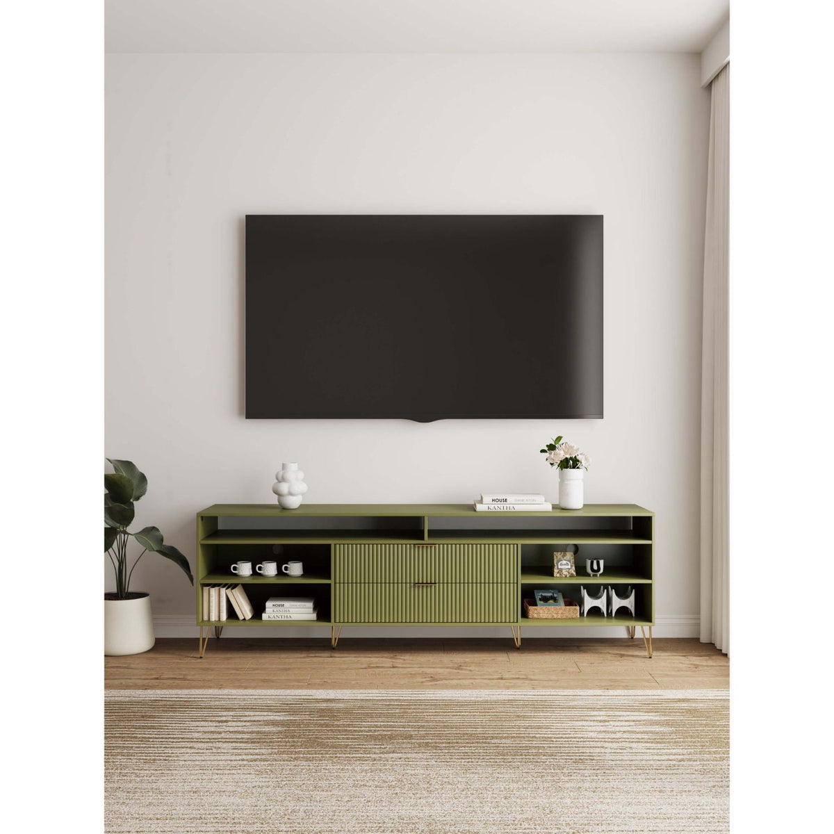 Fluted TV Stand with Storage and Metal Legs - Multiple Colors