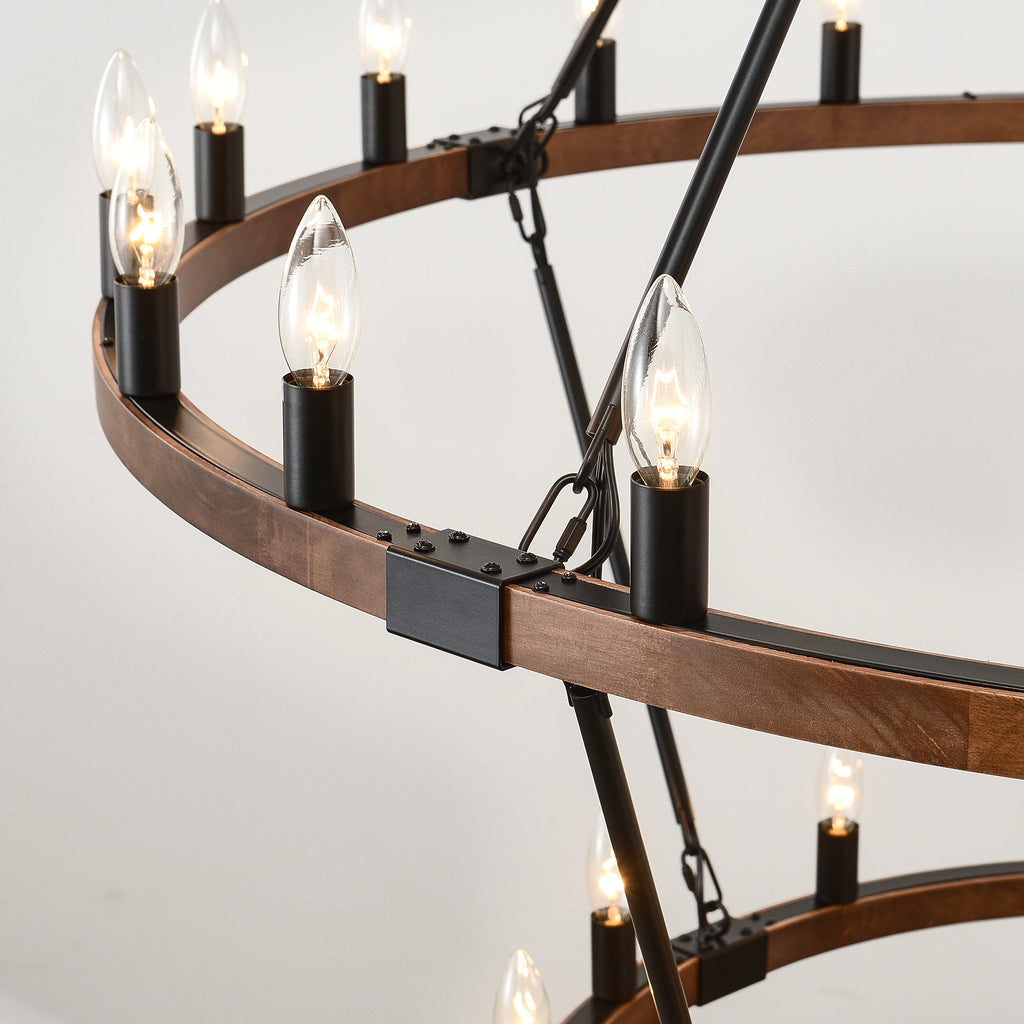 Large Solid Wood Wagon Wheel Chandelier with 2-Tier 32 Lights