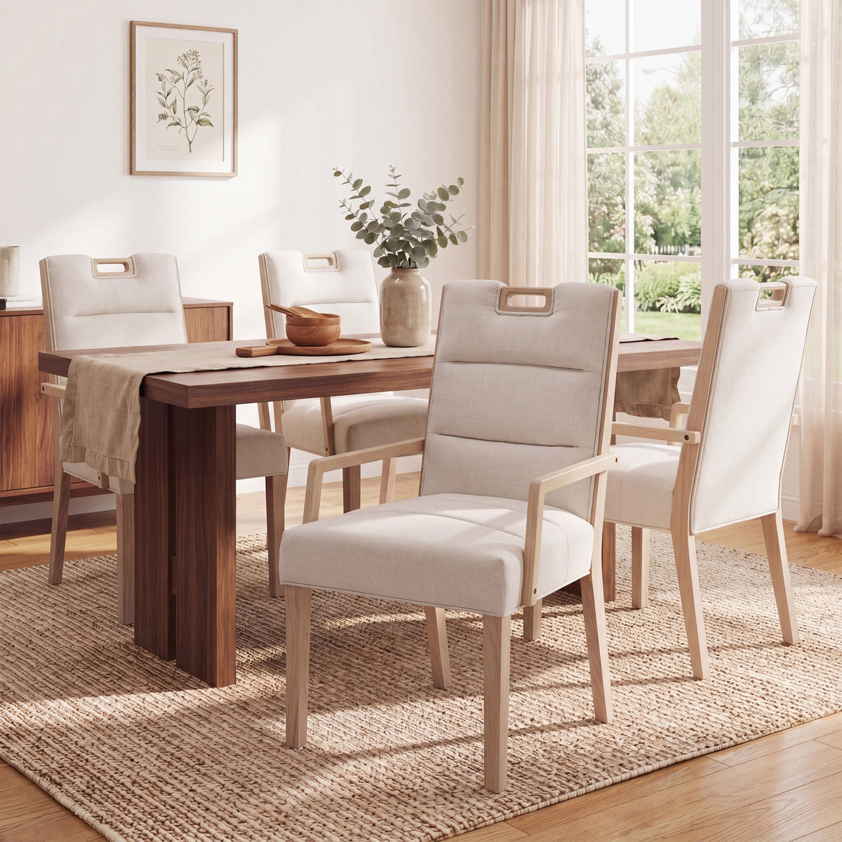 Upholstered Dining Chairs with Armrests - Fabric & Rubber Wood - Beige/Natural