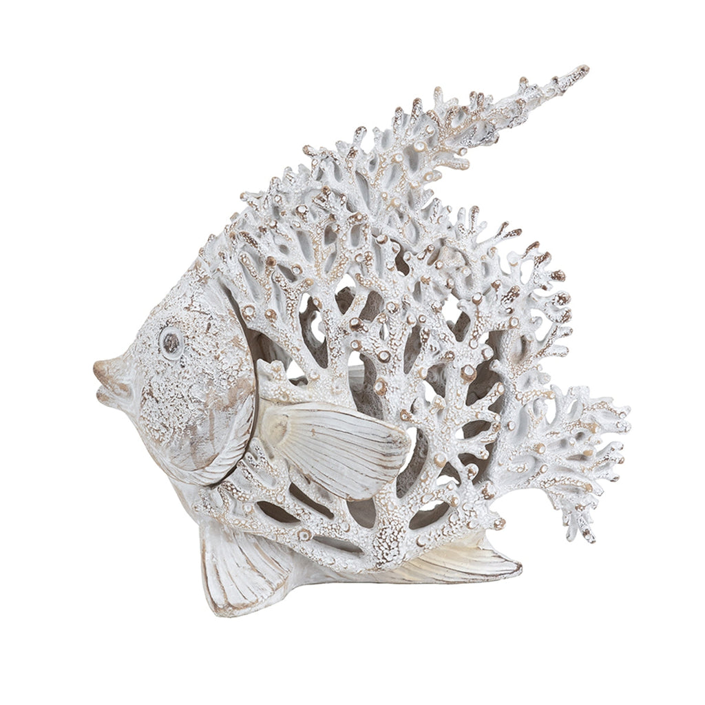 Decorative Polyresin Angelfish Sculpture with Coral Texture - White