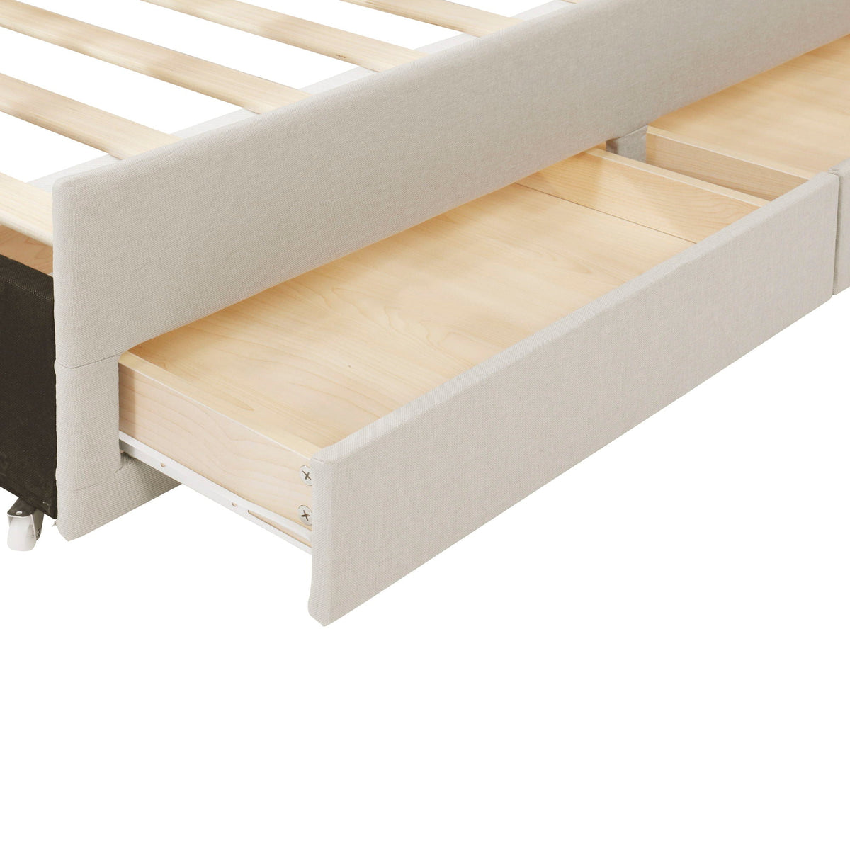 Upholstered Platform Bed with Twin Size Trundle and 3 Drawers - Beige, Full