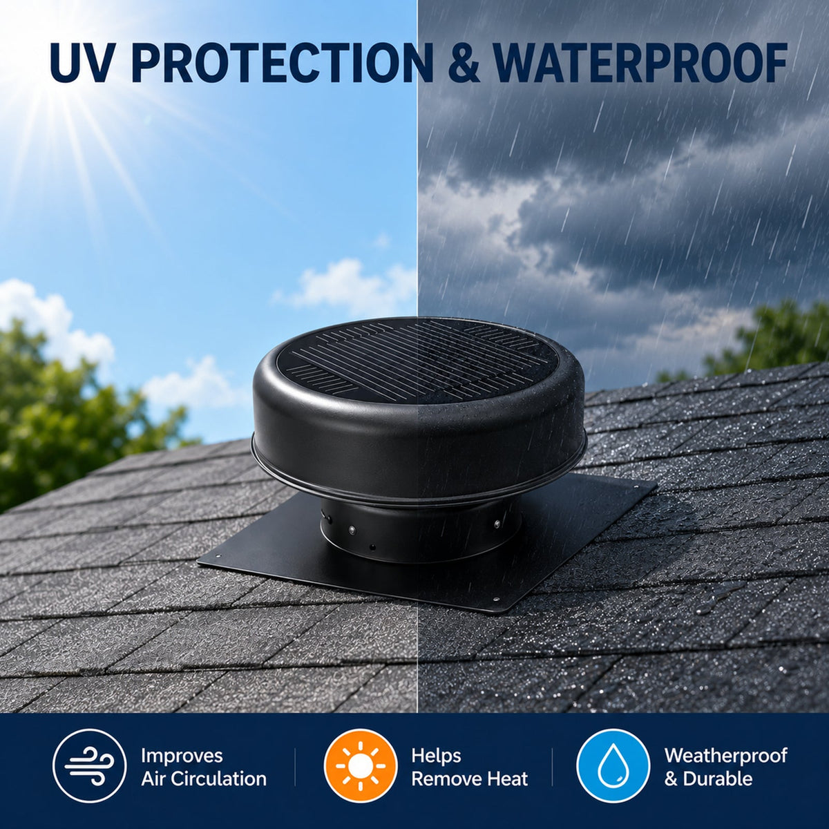 12" Flush Mount Round Solar Roof Vent Fan with 30W Dual Power - Black or White